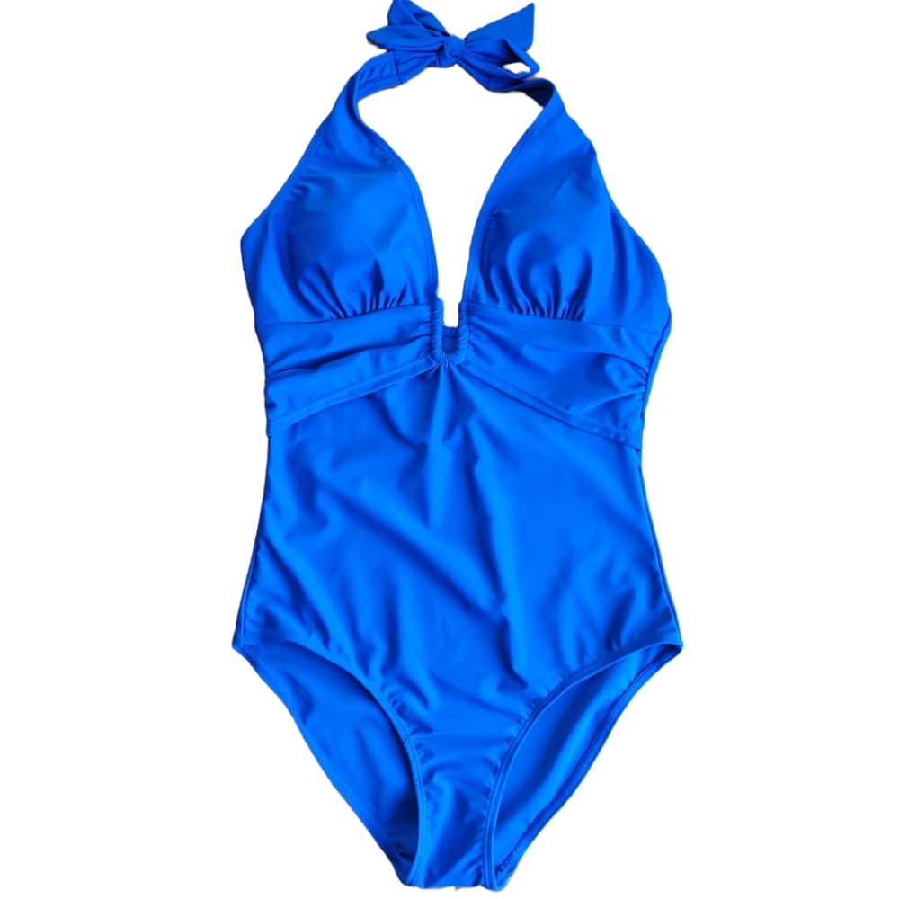 🌟 NWT NICOLE MILLER Royal Blue Halter Plunge Swimwear Women's Size 8  Shirred